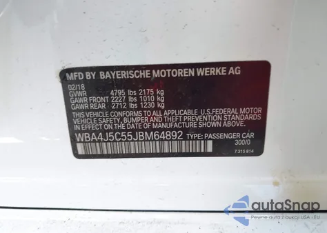 2018 BMW 440I Gran Coupe z USA, uszkodzony, nr VIN WBA4J5C55JBM64892